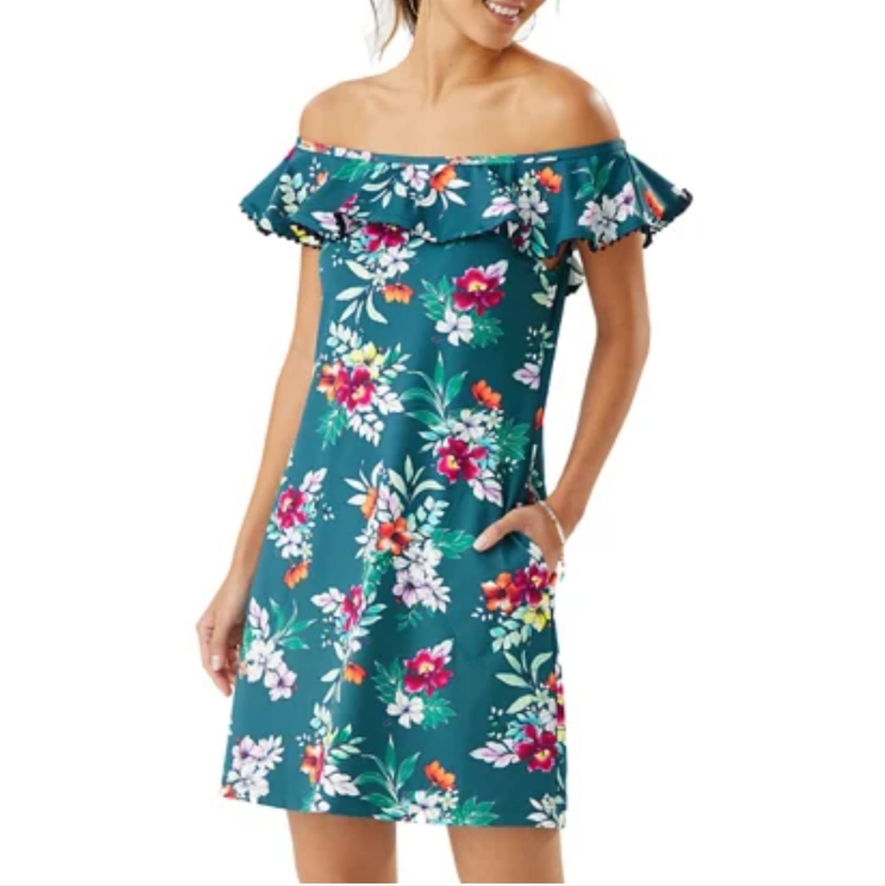 Tommy Bahama Teal Off-Shoulder Floral Dress XXS